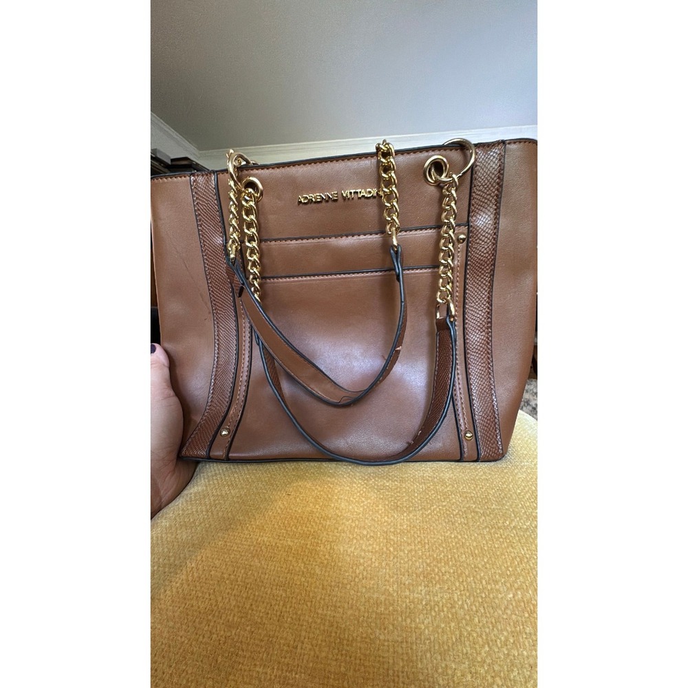 Adrienne Vittadini Cognac Brown Tote Bag Snakeskin Trim Gold Chain Shoulder Bag - Picture 1 of 2